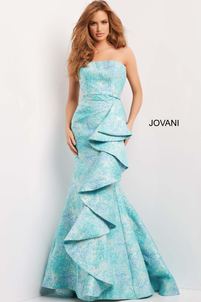 Model wearing Jovani 08093 Blue Multi Ruffle Skirt Wrap Evening Gown