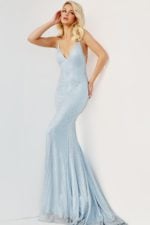 Model wearing Jovani 08139 light blue gown with V-neckline from the front view.