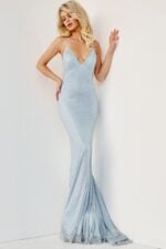 Model showcasing Jovani 08139 light blue dress with fitted silhouette from the front.