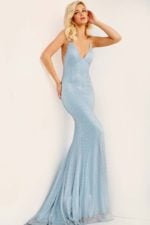 Full view of Jovani 08139 light blue gown with plunging neckline on model.