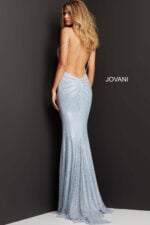 Model wearing Jovani 08139 highlighting the back and crisscross straps.