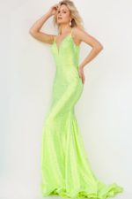 Jovani 08157 in neon green, highlighting beadwork and flare.