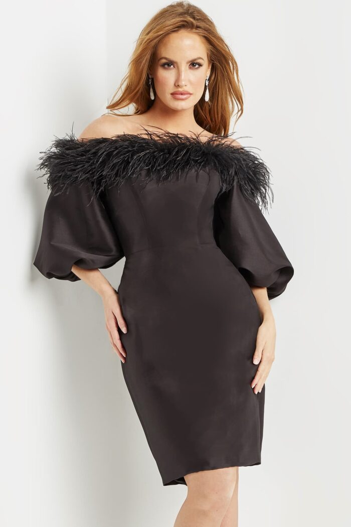 Model wearing Jovani 08211 Black Off the Shoulder Knee Length Evening Dress