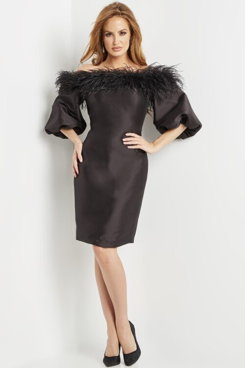 Model wearing Jovani 08211 Black Off the Shoulder Knee Length Evening Dress