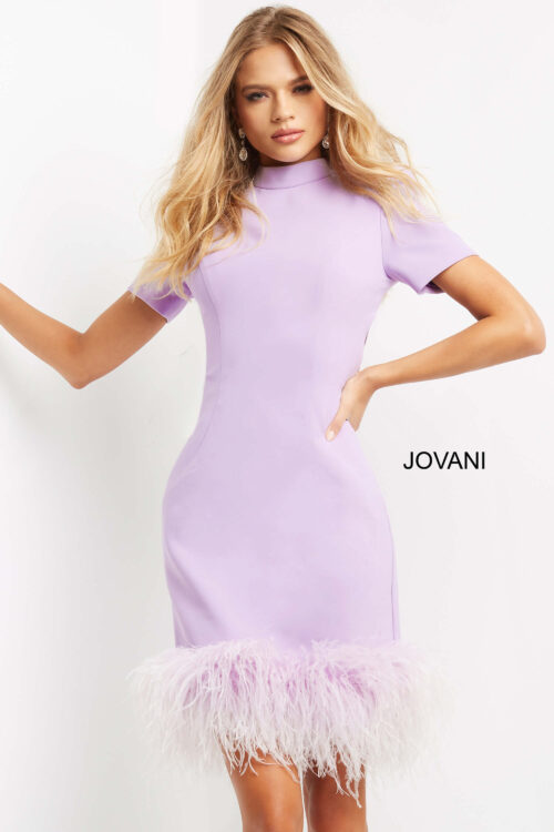 Model wearing Jovani 08253 Lilac Short Sleeve High Neck Cocktail Dress