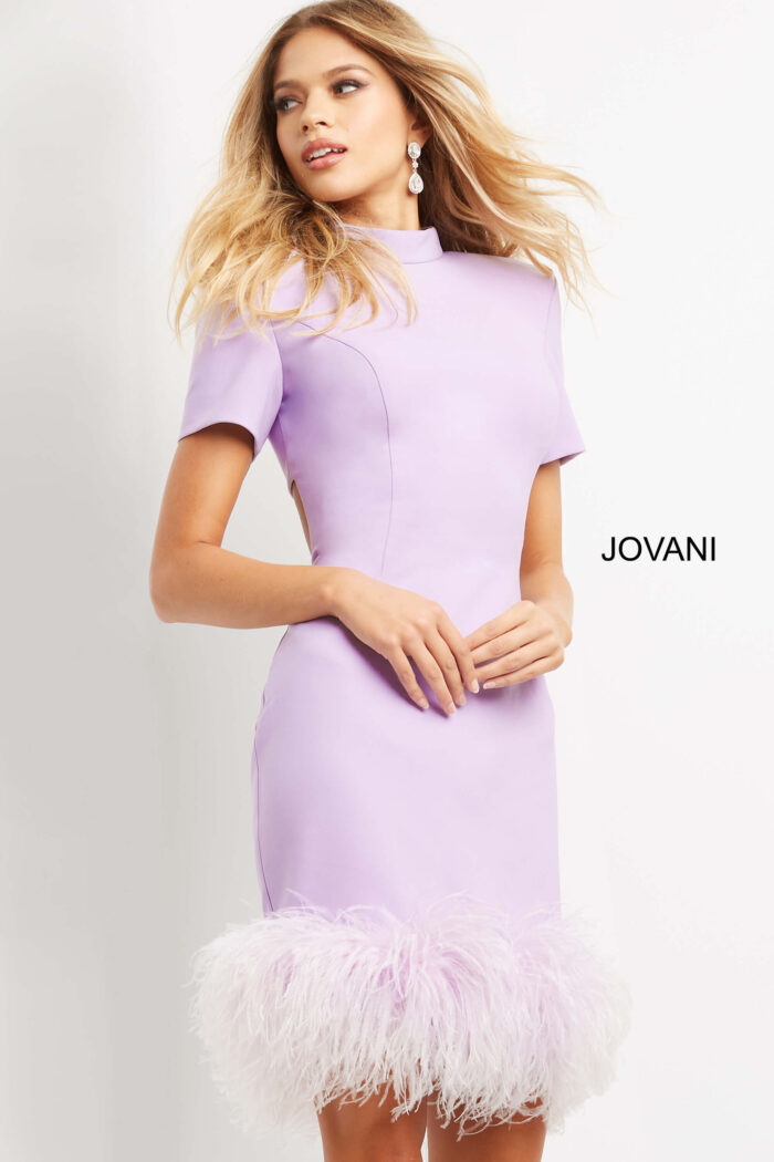 Model wearing Jovani 08253 Lilac Short Sleeve High Neck Cocktail Dress