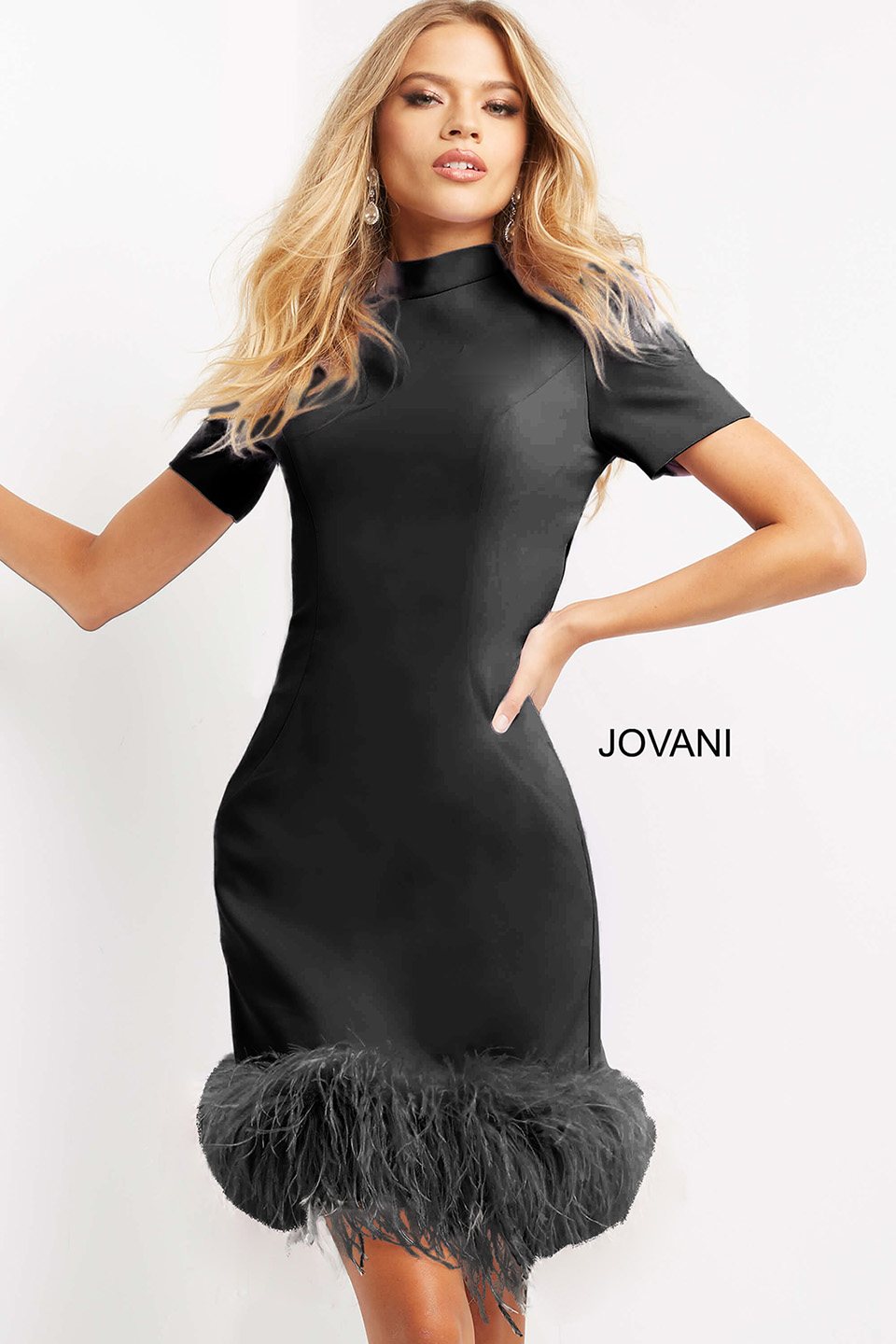 Jovani 08253 Lilac Short Sleeve High Neck Cocktail Dress