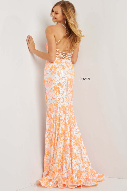 Jovani 08255 Ivory Orange Sequin Floral Sheath Formal Dress - Jovani