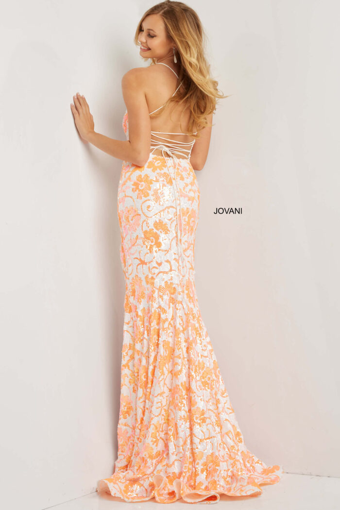 Model wearing Jovani 08255 Ivory Orange Sequin Floral Sheath Formal Dress