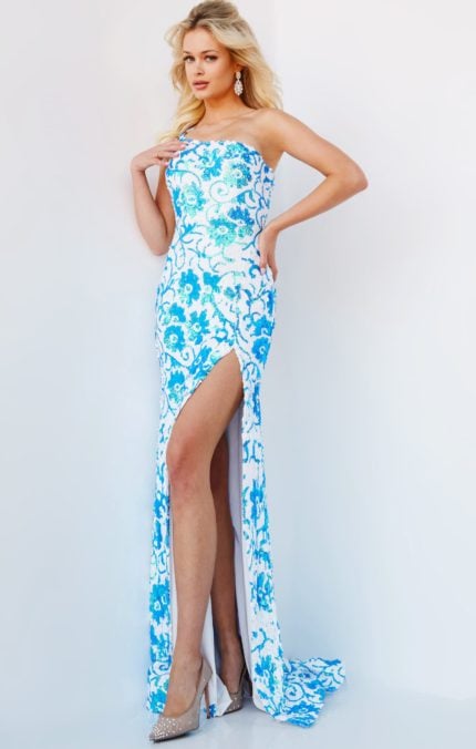 model wearing Jovani 08256 ivory blue floral gown front view