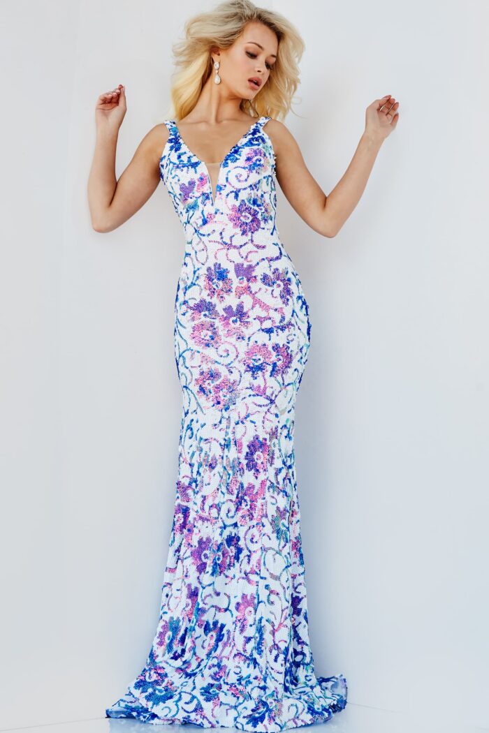 Model wearing Jovani 08257 Ivory Multi Color Print Purple Sequin Fitted Gown