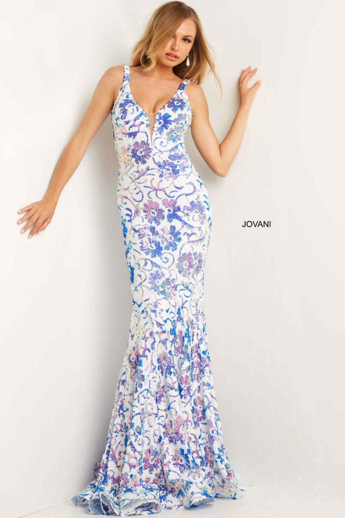 Model wearing Jovani 08257 Ivory Hot Pink Plunging Neck Plus Size Prom Dresses