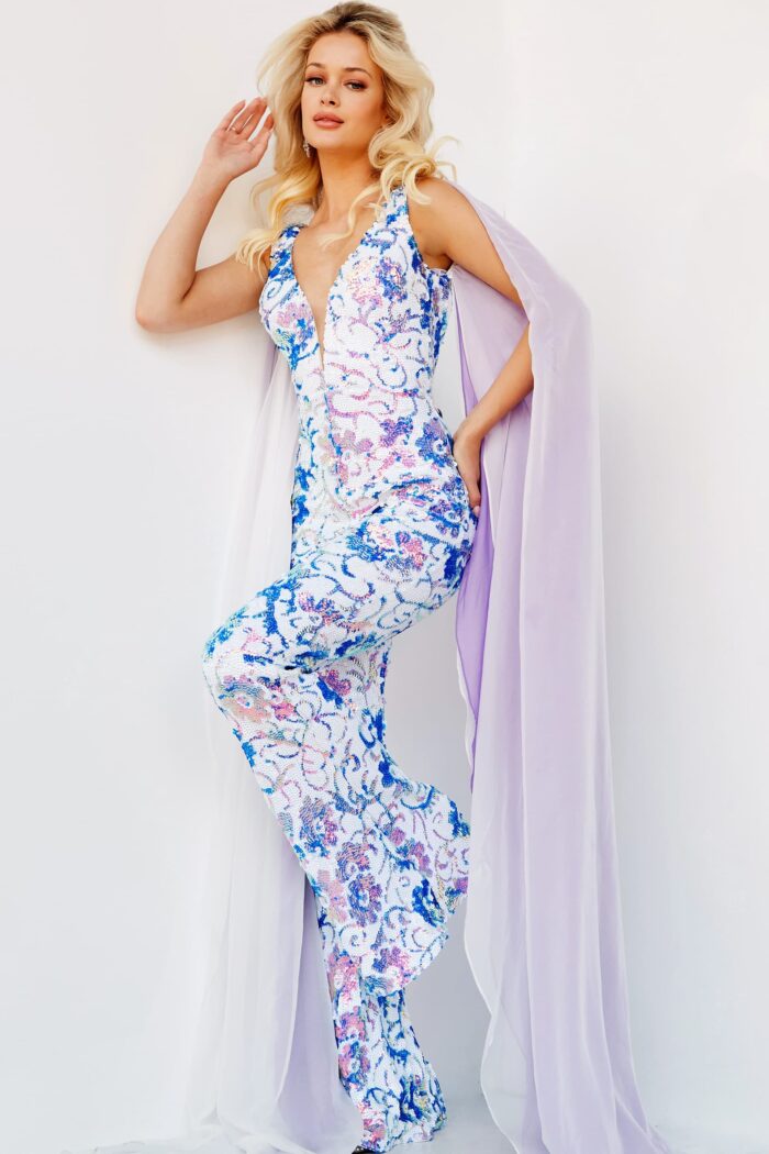 Model wearing Jovani 08258 White Purple Floral Sequin Jumpsuit
