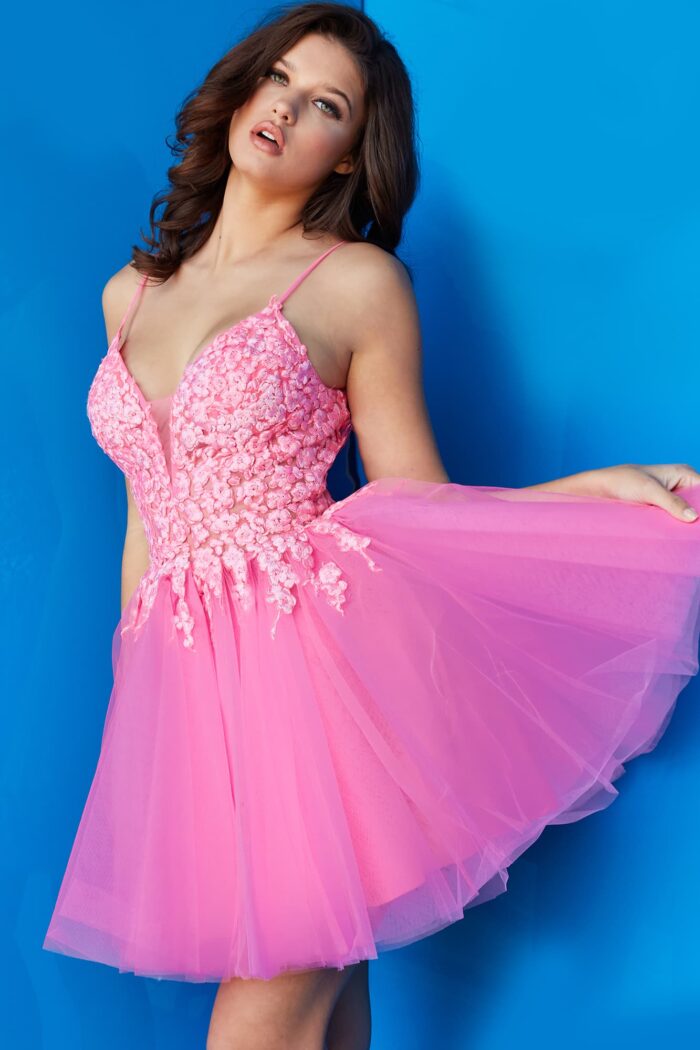 Model wearing Jovani 08273 Hot Pink Floral Bodice Fit and Flare Homecoming Dress