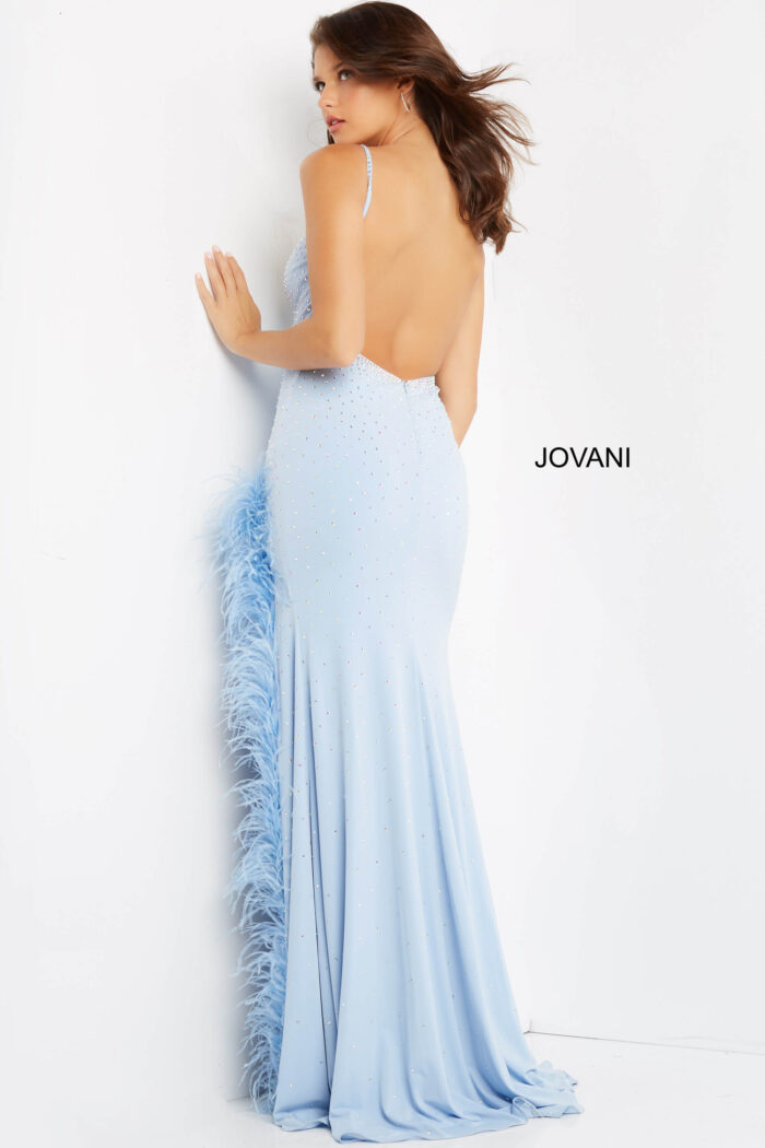Model wearing Jovani 08283 Lilac Embellished Low Back Party Dress