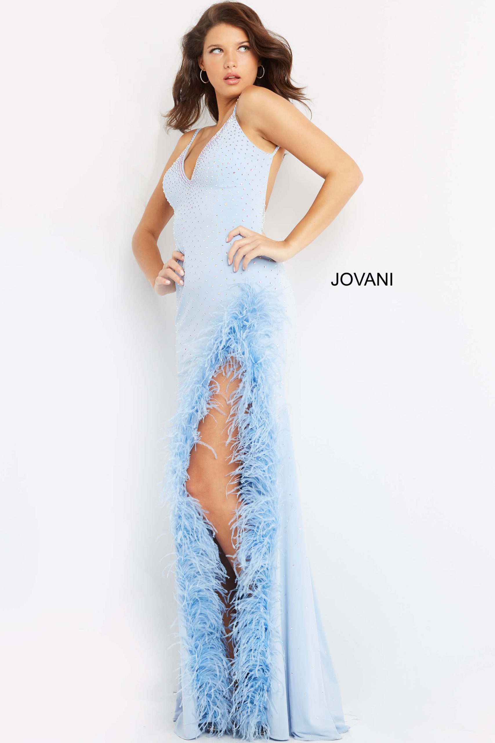 Jovani 08283 Light Blue V Neck Embellished Dress