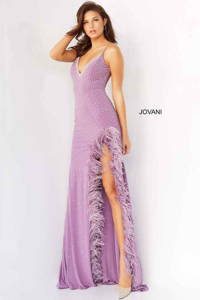 Model wearing Jovani 08283 Light Blue V Neck Embellished Dress