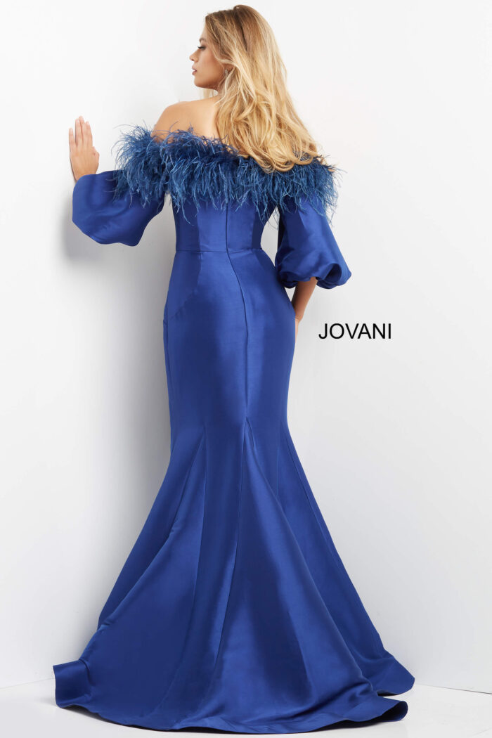 Model wearing Jovani 08356 Royal Blue Long Evening Dress