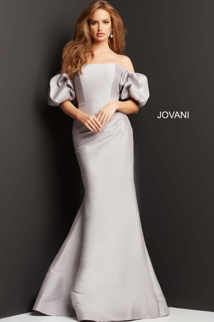 Model wearing Jovani 08361 Taupe Off the Shoulder Straight Neck Gown