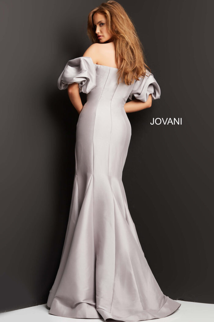 Model wearing Jovani 08361 Taupe Off the Shoulder Straight Neck Gown