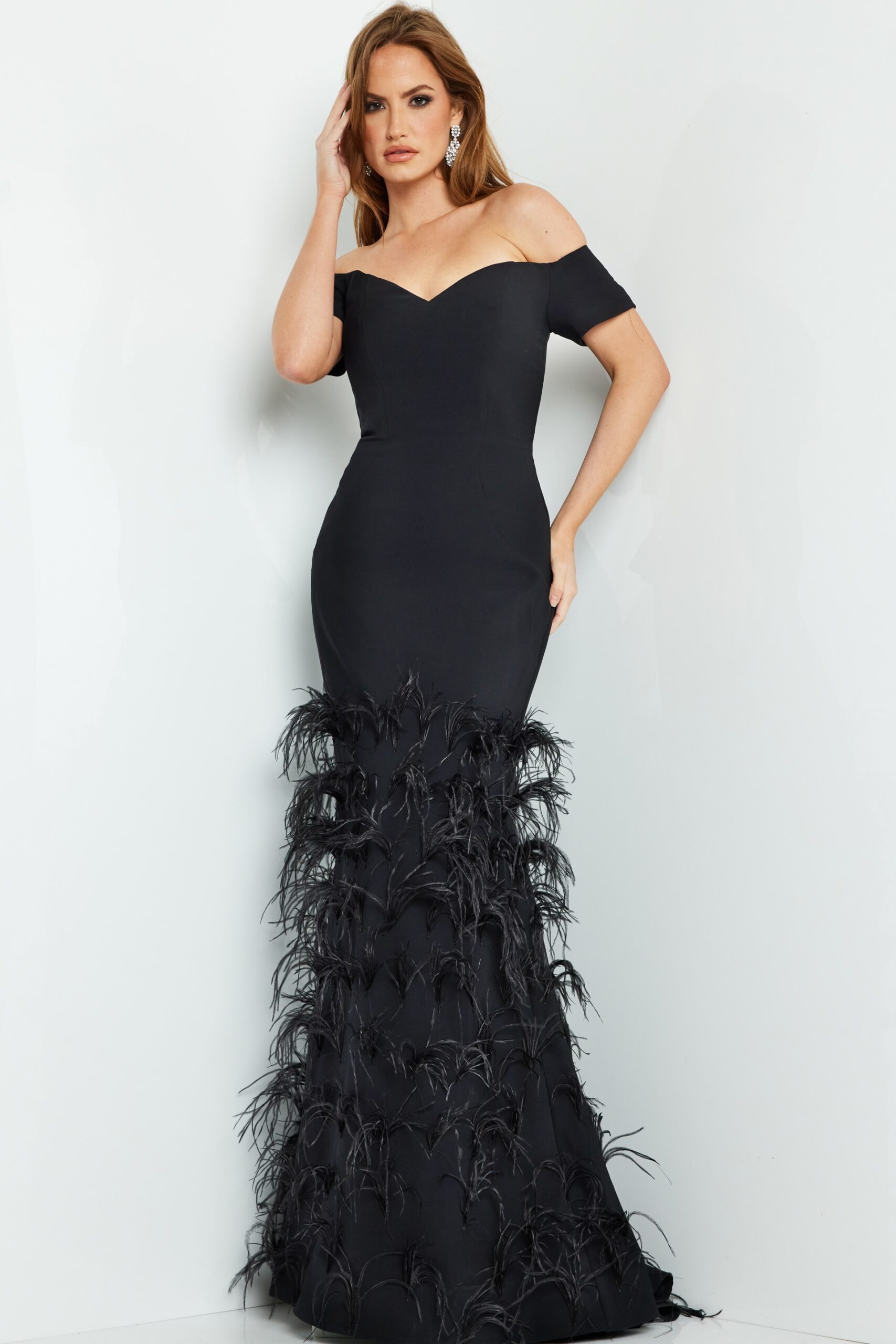 Black Mermaid Dress with Feathers on Skirt