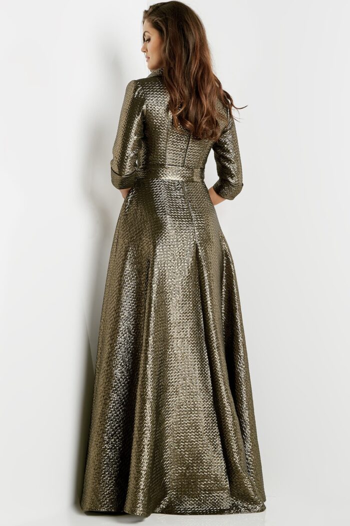 Model wearing Jovani 08388 Bronze Long Sleeve A Line Gown