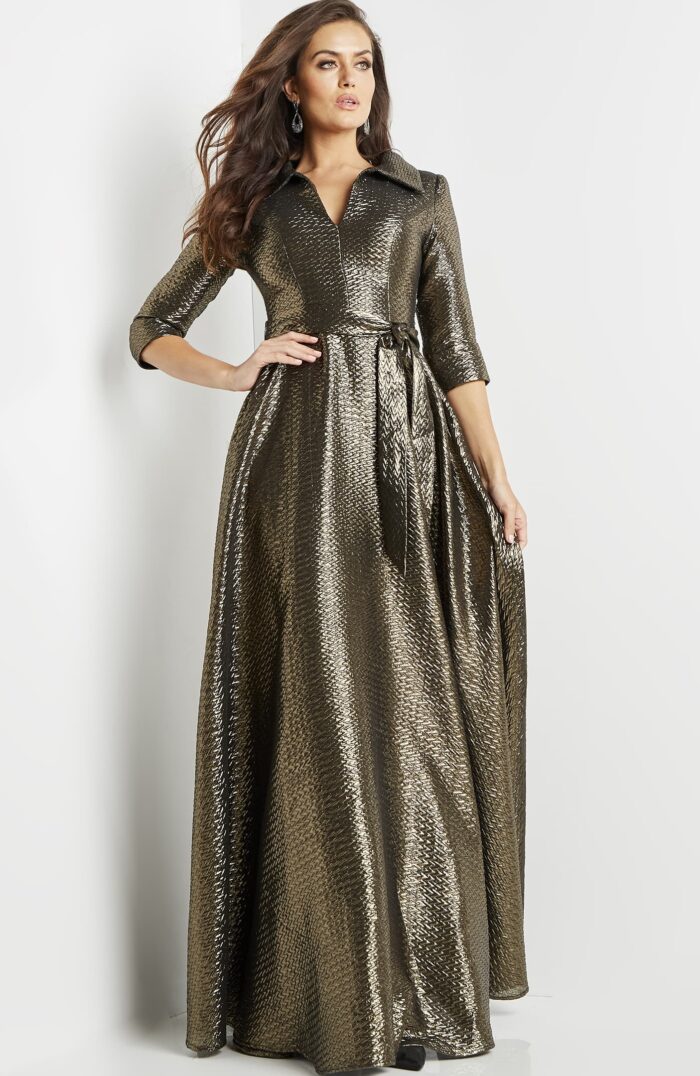 Model wearing Jovani 08388 Bronze Long Sleeve A Line Gown