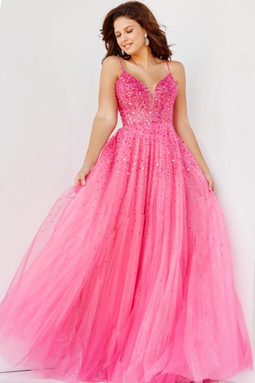 Model wearing 08408 Fuchsia Spaghetti Straps Embellished Ballgown