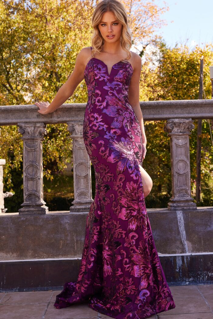 Model wearing Jovani 08459 Royal Spaghetti Strap Sequin Embellished Gown