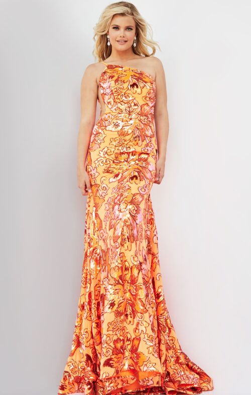 Model wearing Jovani 08460 Orange One Shoulder Sequin Plus Size Dress