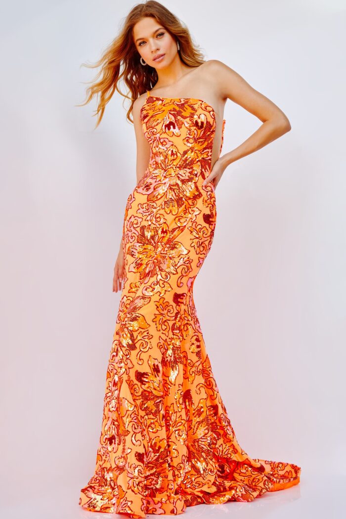 Model wearing Jovani 08460 Orange One Shoulder Illusion Sides Dress