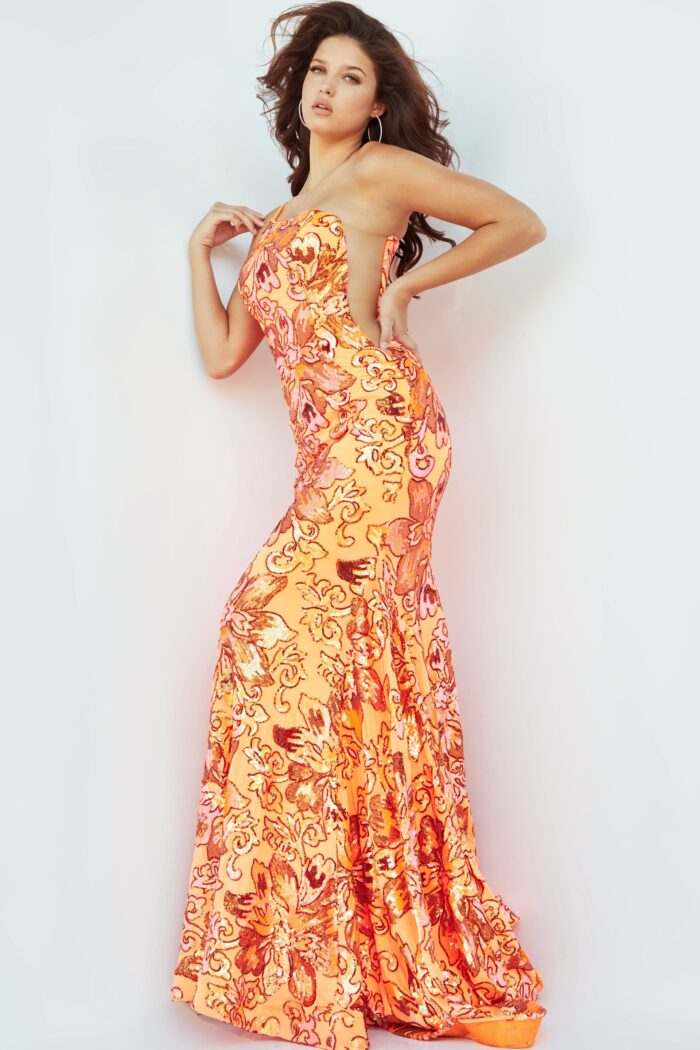 Model wearing Jovani 08460 Orange One Shoulder Illusion Sides Dress