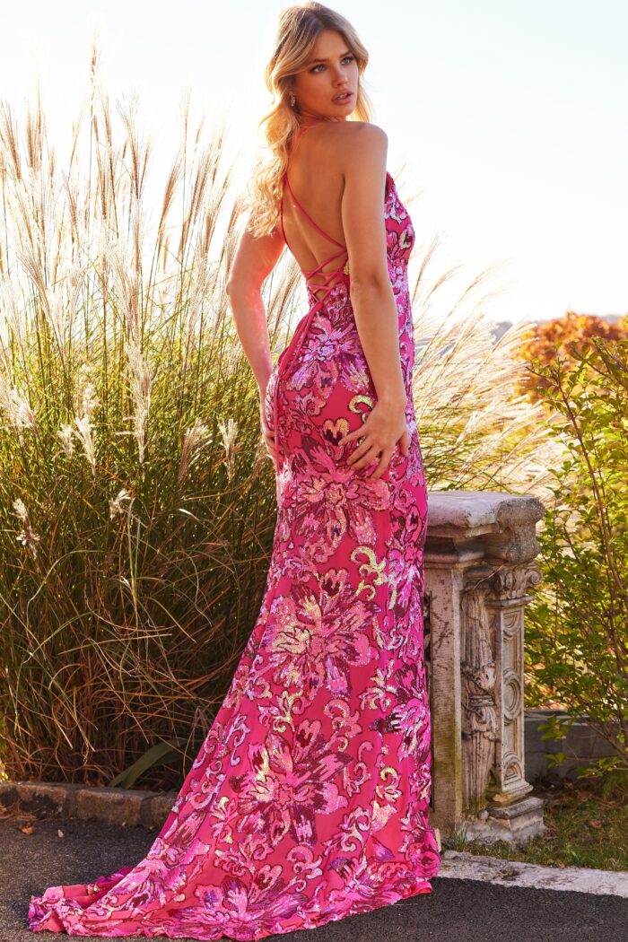 Model wearing Jovani 08462 Pink V Neck Tie Back Sheath Dress