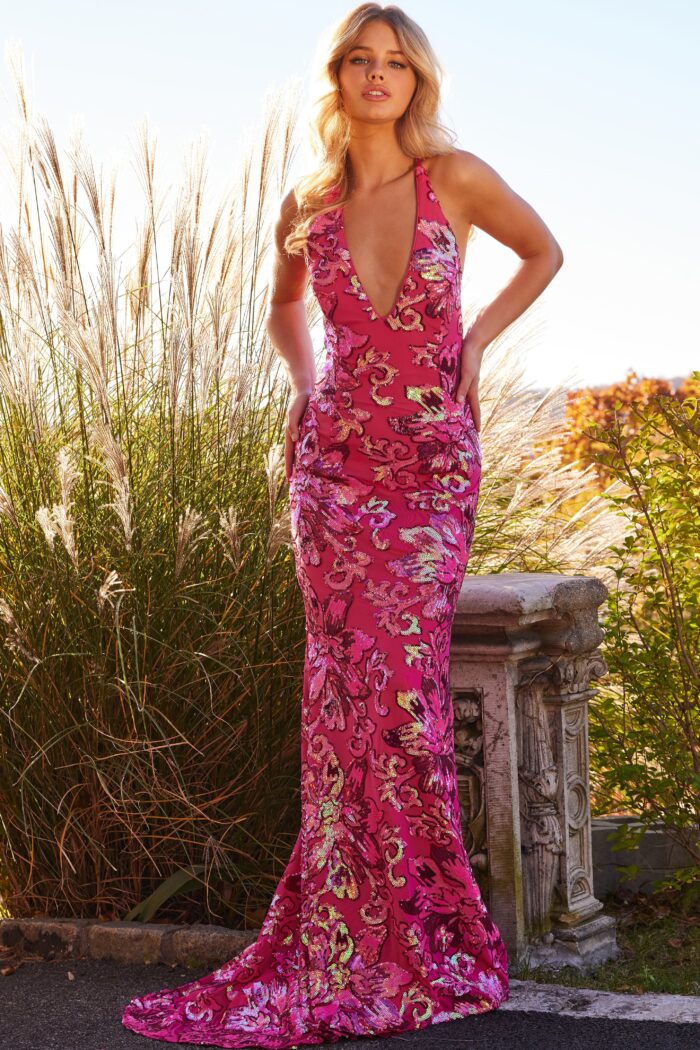Model wearing Jovani 08462 Pink V Neck Tie Back Sheath Dress
