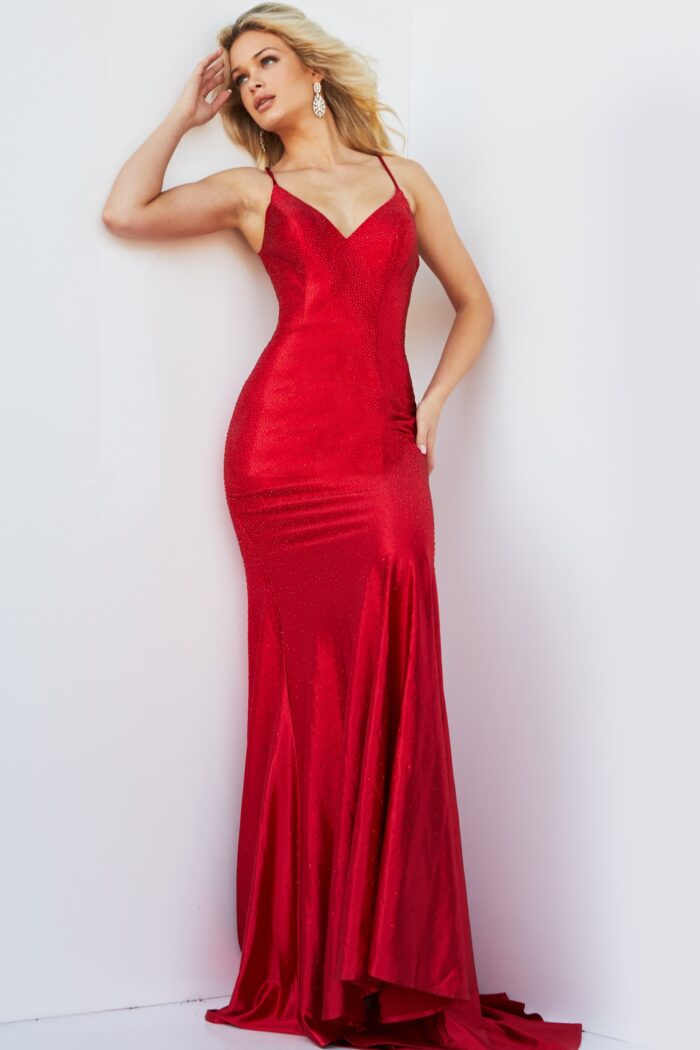 Model wearing Jovani 23010 Red Embellished V Neck Dress