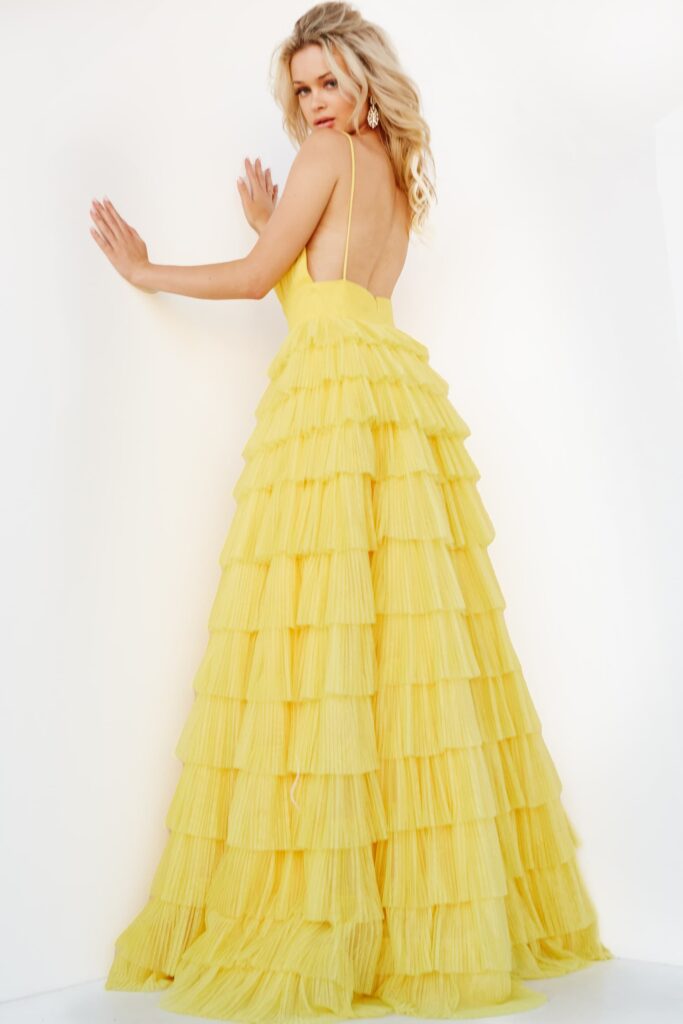 Jovani 08480 Yellow Tulle Tiered Skirt Maxi Dress