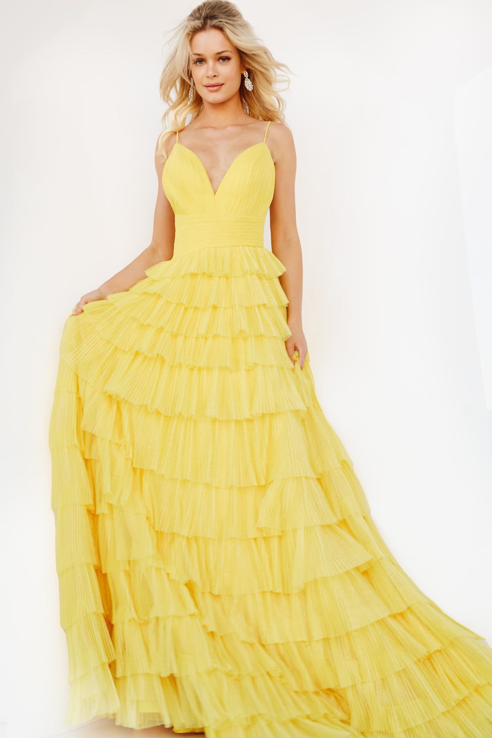 Jovani 08480 Yellow Tulle Tiered Skirt Maxi Dress