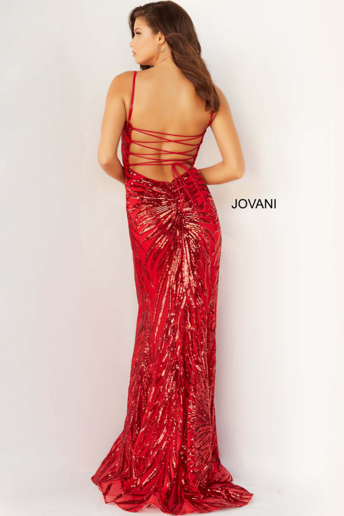 Model wearing Jovani 08481 Red Embellished Tie Back Dress