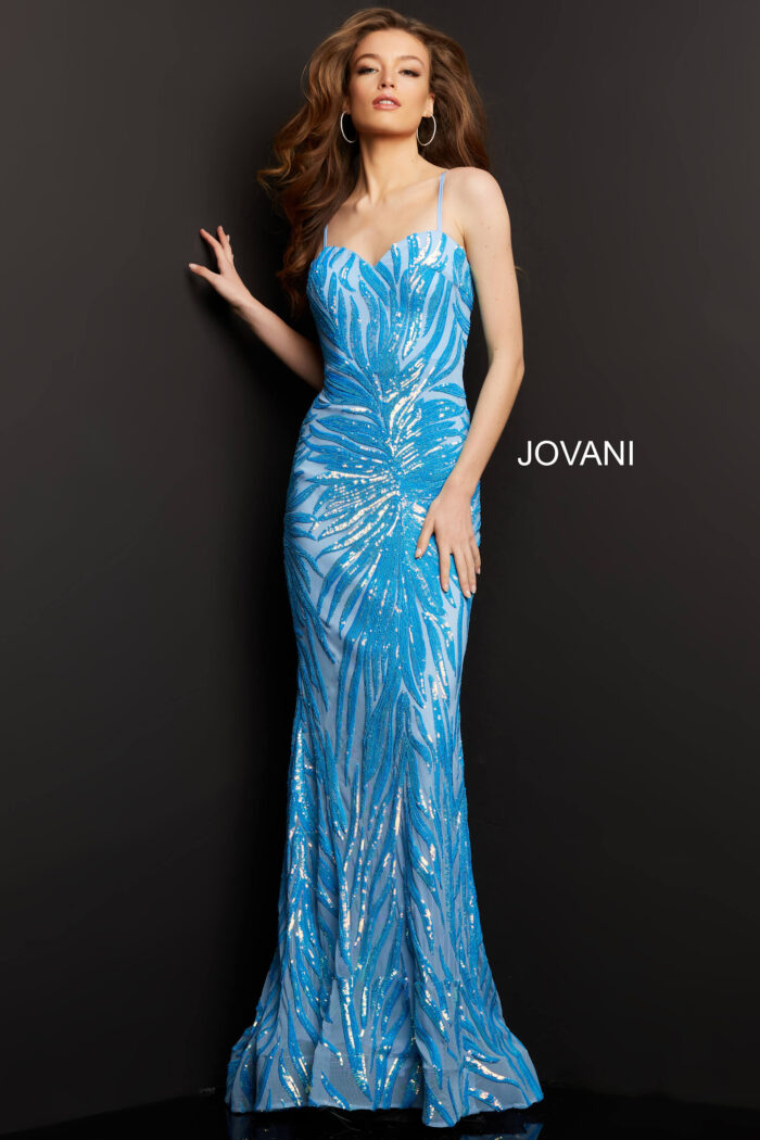 Model wearing Jovani 08481 Iridescent Purple Spaghetti Strap Dress