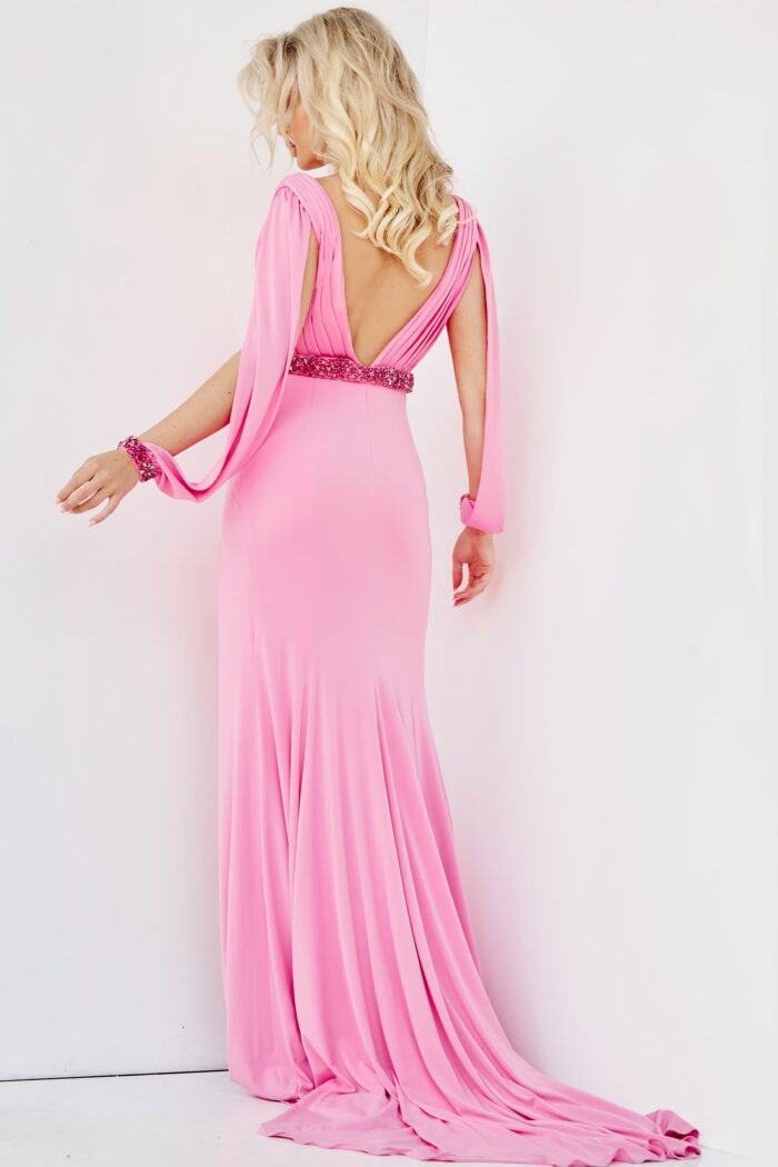 Model wearing Jovani 08482 Hot Pink Embellished Belt Long Sleeve Dress