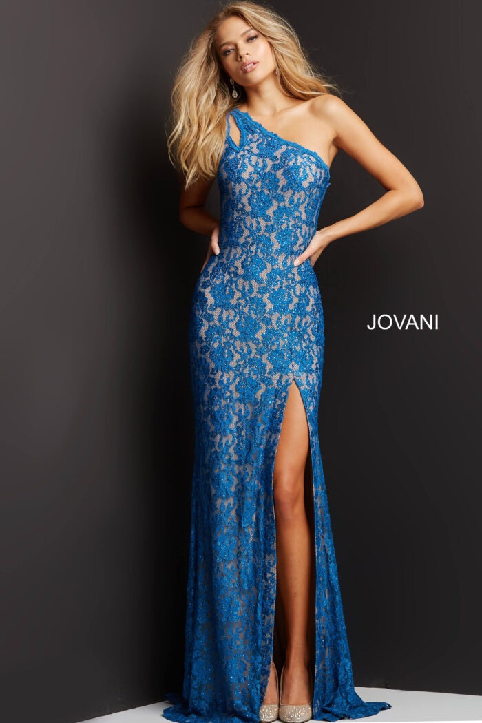 Model wearing Jovani 08515 Dark Peacock Lace One Shoulder Dress