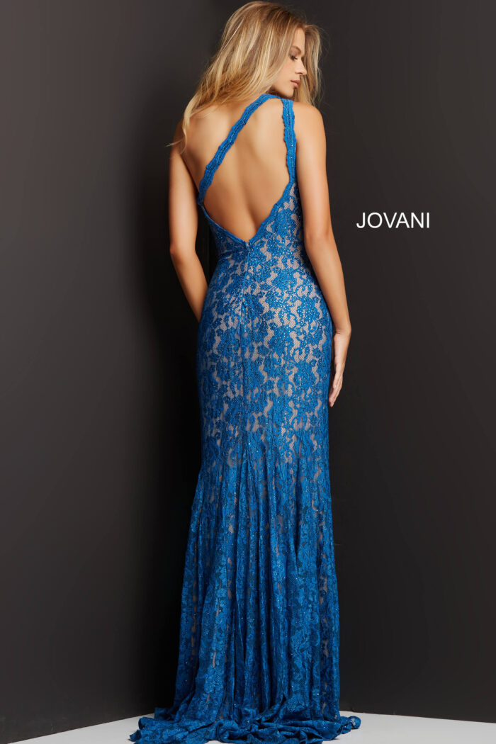 Model wearing Jovani 08515 Dark Peacock Lace One Shoulder Dress