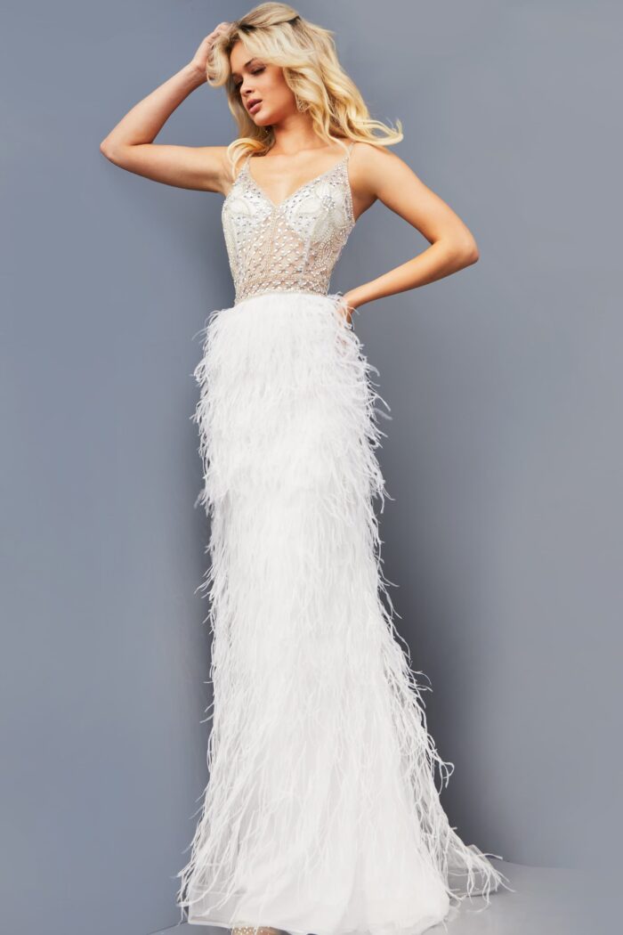 Model wearing Jovani 08525 Off White Feather Skirt Long Formalwear