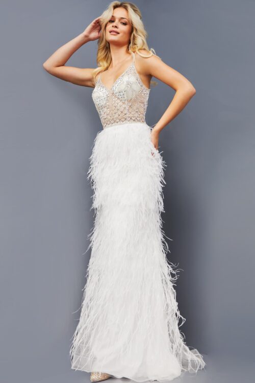 Model wearing Jovani 08525 Off White Feather Skirt Long Formalwear