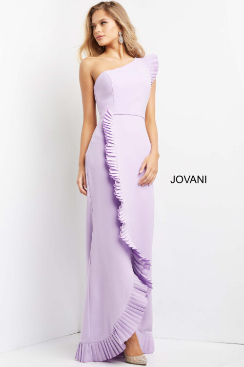 Model wearing Jovani 08527 Lilac sexy One Shoulder Pleated Hem Evening Dress