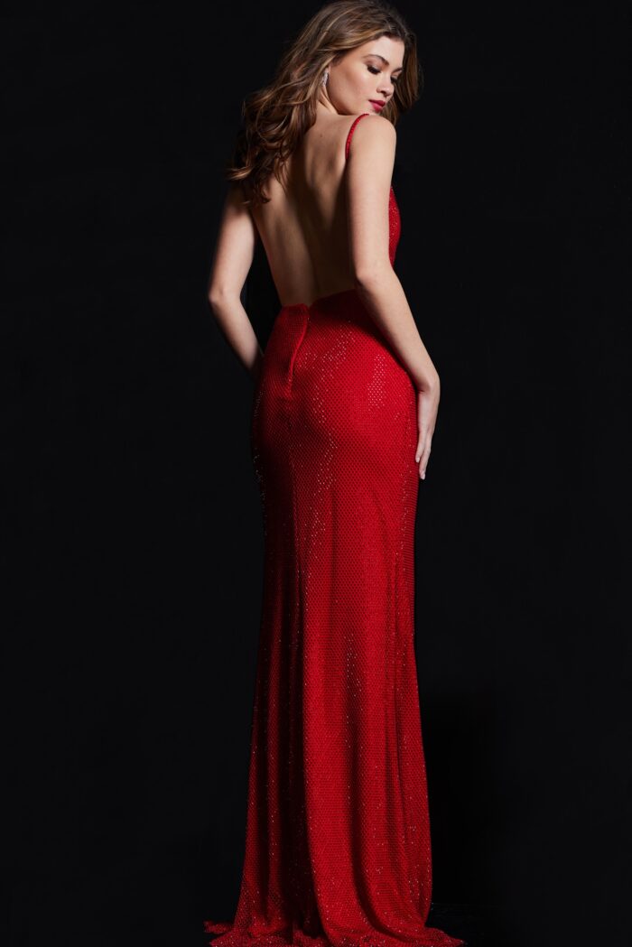 Model wearing Red Backless Embellished Prom Gown 08531