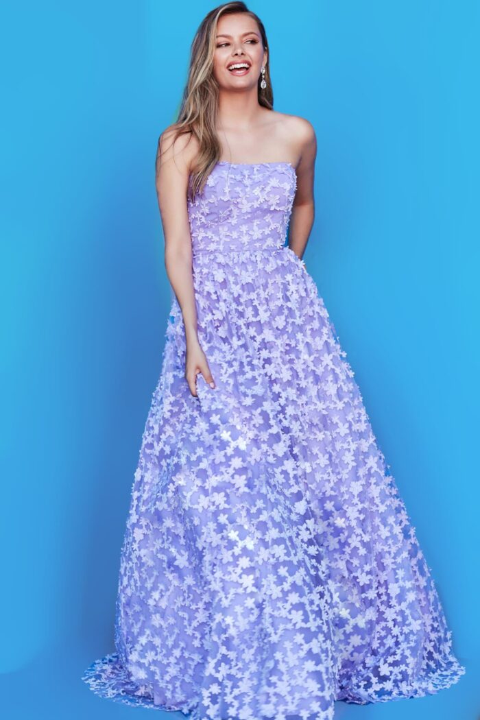 Model wearing Jovani 08536 Lilac Strapless Floral Embellished A Line Dress