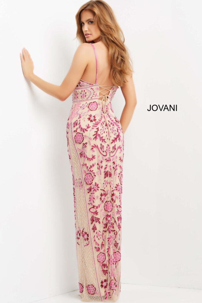 Model wearing Jovani 08546 Nude Pink Embellished V Neck Evening Dress