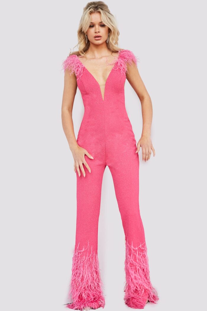 Model wearing Jovani 08554 Hot Pink Fitted Embellished Contemporary Jumpsuit