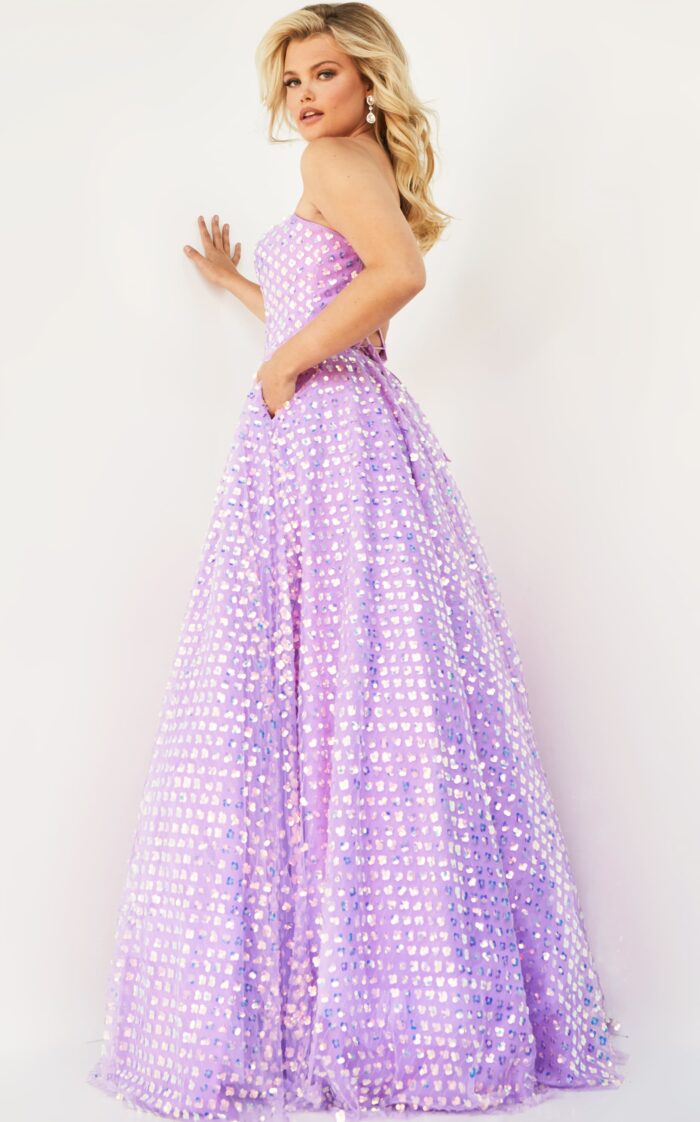 Model wearing Jovani 08605 Lilac Sequins Embellished Plus Size A Line Gown